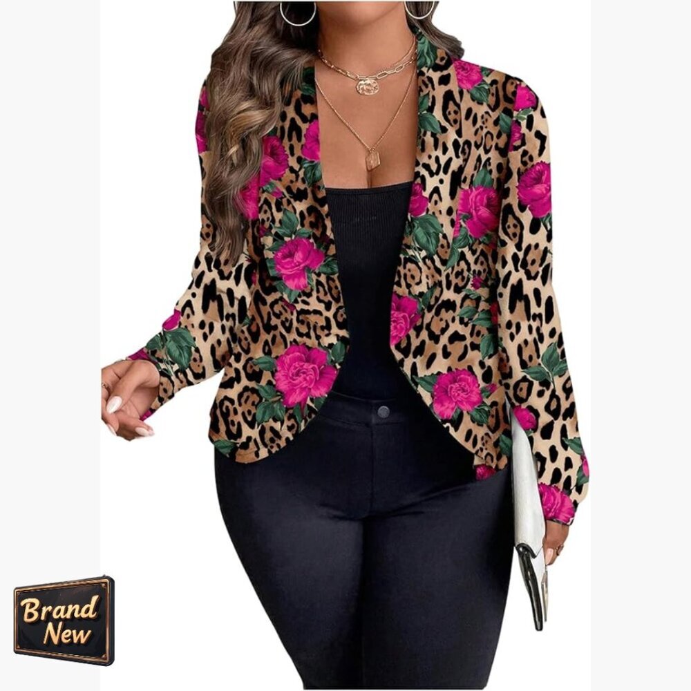 Plus Size Floral Leopard Blazer Long Sleeve Lapel Neck Suit Jacket